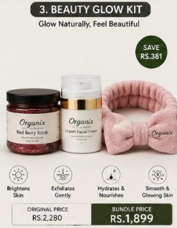 Organix Beauty Glow Kit | Red Berry Body Scrub, Bright Face Cream & Spa Headband Set